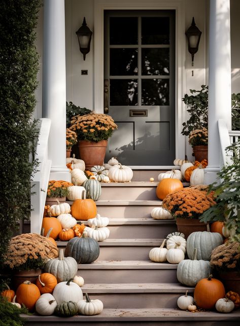 Get ready for the season to deck out your porch! Get inspired to create a cozy autumn oasis with pumpkins, hay bales, and other festive decorations. Start decorating today! #autumn #fallcolors #pumpkins #halloween Pumpkins And Mums On Steps, Fall Front Porch Pumpkins, Southern Living Fall Front Porches, Fall Porch Pumpkin Display, Porch Pumpkin Display, Garage Fall Decor, Pumpkins Porch Display, Classic Easter Decor, Pumkin Decoration Front Porch