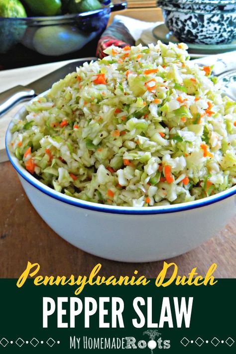 Spiced Cabbage Recipe, Sweet And Sour Slaw Recipe, Amish Slaw Recipe, Sweet And Sour Slaw, Pepper Slaw Recipe, Amish Dishes, Pepper Slaw, Cold Slaw, Pepper Cabbage