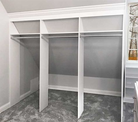 Slanted Ceiling Closet, Bedroom Attic Ideas, Bedroom Storage For Small Rooms, Slanted Walls, Diy Bedroom Storage, Attic Closet, Angled Ceilings, Slanted Ceiling, Attic Bathroom