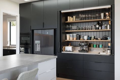 Bi Folding Doors Kitchen, Wardrobe Renovation, Breakfast Station, Black White Kitchen, Kitchens Design, Beach House Kitchens, Kitchen Refresh, Custom Kitchens, Kitchen Cabinet Doors