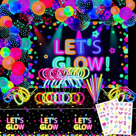 PRICES MAY VARY. Valuable Package: 1 x Let's Glow party backdrop, 1 x backdrop ribbon, 2 x tablecloths, 50 x glow sticks, 50 x bracelet & necklace connectors, 6 x hair clips connectors, 6 x eyeglasses connectors, 2 x temporary tattoo, 50 x glow mix color balloons, 10 x circle dots balloons(5 transparent, 5 black), 10 x star dots balloons(5 transparent, 5 black), 1 x balloon chain, 2 x ribbons, 1 x glue points, total 192 pcs glow party supplies and decorations in the package. Glow Design: These c Neon Photo Backdrop, Glow Party Ideas For Teenagers, Kids Glow Party, Glow Neon Party, Glow Party Ideas, Glow Sticks Party, Coraline Birthday, Neon Balloons, Necklace Connectors