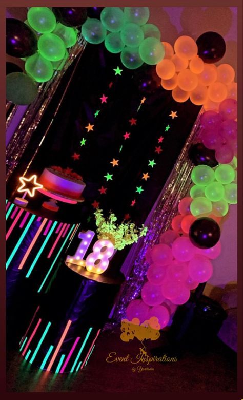 Birthday party 18th   glow neon
Balloons color neon 
glow paper
Black Plastic 
Adhesive neon colors Neon Party Table Decorations, Decoracion Fiesta Neon Party Ideas, Fiesta Neon Outfit, Glow Neon Party, Glow Party Outfit, Neon Backdrop, Neon Party Outfits, Sweet 16 Party Planning, Glow Theme Party