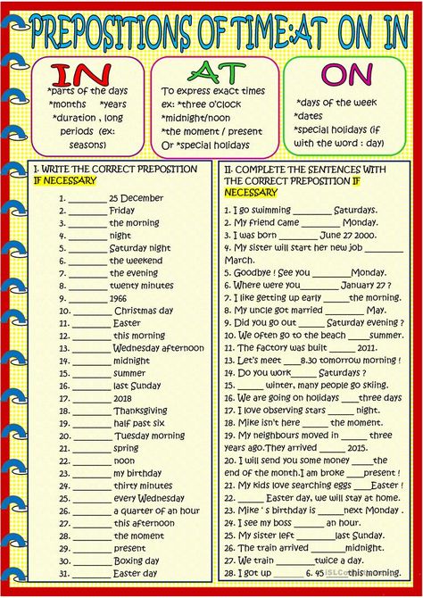 Time prepositions at on in with key - English ESL Worksheets for distance learning and physical classrooms Time Prepositions, Preposition Worksheets, English Prepositions, English Grammar Exercises, English Teaching Materials, Grammar Exercises, English Exercises, Teaching English Grammar, Learning English For Kids