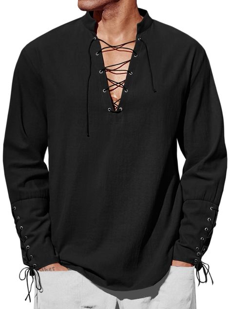 PRICES MAY VARY. 【Feature】: Mens Halloween medieval pirate cosplay shirt, long sleeves, v neck, cuff with drawstring, banded collar, lace up closure, loose fit, split hem, Medieval vintage style. 【Material】: 70% Cotton and 30% linen. Crafted from high-quality linen fabric, this shirt is soft, lightweight, and breathable. Keep you comfortable while participating in various activities. 【Match】：This shirt can match with cosplay pants, hats and belt, and great for wearing with all kinds of boots. 【O Moda Medieval, Pirate Cosplay, Pirate Shirts, Beach Yoga, Yoga Shirt, Up Costumes, Men Beach, Casual Design, Moda Vintage