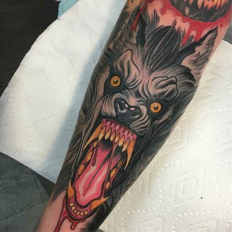 American Werewolf in London by @henrylewis77 at @skullandsword in San Francisco CA. #americanwerewolfinlondon #werewolf #henrylewis #skullandsword #sanfrancisco #tattoo #tattoos #tattoosnob Werewolf Tattoo, Werewolf In London, Horror Movie Tattoos, Monster Tattoo, American Werewolf In London, Movie Tattoos, Sweet Tattoos, London Tattoo, B Tattoo