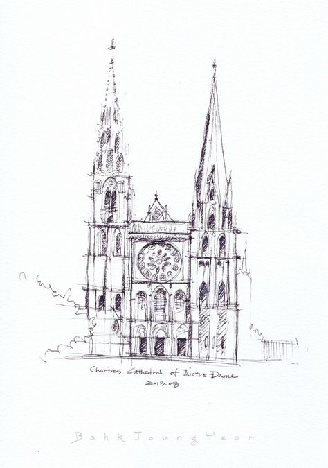 Chartres Cathedral Sketch, Chartres Cathedral Drawing, Notre Dame Cathedral Sketch, Gothic Cathedral Drawing, Gothic Architecture Sketch, Gothic Church Drawing, Notre Dame Sketch, France Sketch, Cathedral Sketch