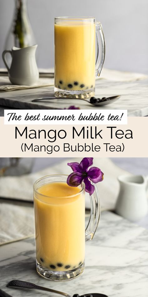 This fruity mango milk tea recipe is the perfect bubble tea drink for summer. Easy to make, just as good as a bubble tea store version, and so much cheaper than buying it from the store! Mango Milk Tea Recipe, Mango Milk Tea, Milk Boba Tea, Milk Tea Recipe, Boba Tea Recipe, Boba Recipe, Bubble Tee, Bubble Tea Flavors, Bubble Tea Recipe