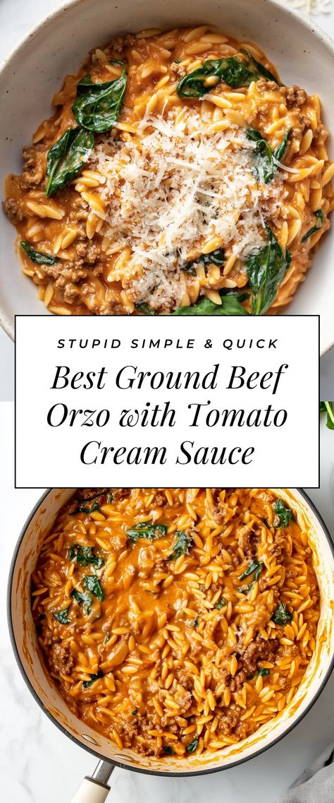 Image for Best Ground Beef Orzo with Tomato Cream Sauce Ground Beef Recipes With Orzo, Orzo With Tomato Sauce, Ground Beef Orzo With Tomato Cream Sauce, Orzo Ground Beef Recipes, Beef Orzo Recipes, Beef Orzo Soup, Ground Beef And Orzo, Fall Ground Beef Recipes, Cherry Tomato Orzo