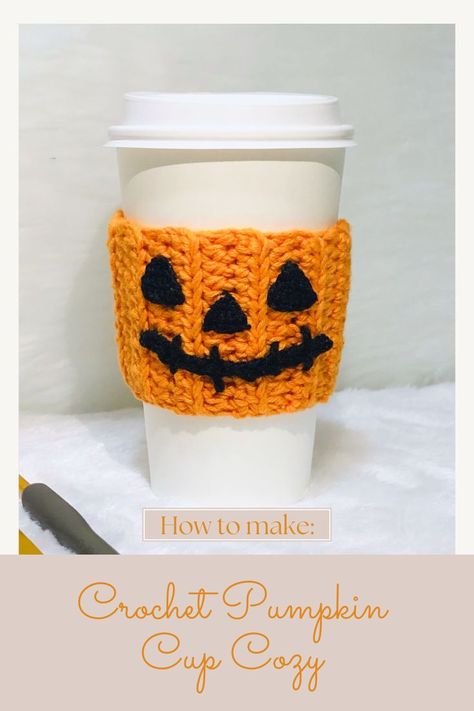 #crochetcupcozy #pumpkin #crochetpumpkin #handmade #crochet #freecrochettutorial #halloween #halloweencrochetproject Crochet Halloween Jar Covers, Halloween Coffee Cozy, Crochet Halloween Cup Cozy Free Pattern, Halloween Cup Cozy Crochet, Fall Cup Cozy Crochet Pattern, Pumpkin Cup Cozy, Easy Crochet Halloween, Crochet Cup Cozies, Crochet Cozies