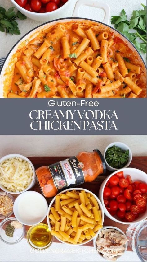 This One Pan Creamy Chicken Vodka Pasta with fresh basil and mozzarella will become your family's new go-to meal. This easy recipe is a true one-pan meal that comes together in under 30 minutes. Everything gets cooked in one pan together with the pasta. This chicken vodka pasta is gluten-free and loved by everyone, even toddlers. The easy pasta recipe is super simple and makes enough for a large family or leftovers. Chicken Vodka Pasta, One Pan Creamy Chicken, Vodka Sauce Pasta, Cheesy Chicken Pasta, Easy Pasta Recipe, Vodka Pasta, Creamy Chicken Pasta, Chicken Pasta Recipes, Easy Family Dinners