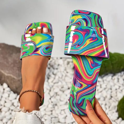 Women's Colorful Print Slides Slip Lightweight Flat Beach - Temu Rainbow Slippers, Shein Stuff, Going Out Shoes, Dye Shoes, Flower Slippers, Tie Dye Shoes, Pattern Flip Flops, How To Dye Shoes, Shoes Slides