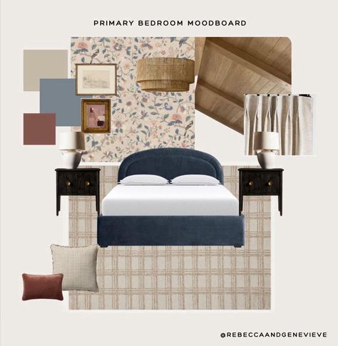 a bedroom moodboard showing a wallpaper, pendant light, two nightstands, a blue bed with white linen and a rug Blue Bed Master Room, Light Blue Guest Bedroom, Traditional Primary Bedroom, Blue Room Decor Bedroom, Blue Cottage Bedroom, Blue And Beige Bedroom, Sky Blue Bedroom, Cozy Primary Bedroom, Grandmillennial Bedroom