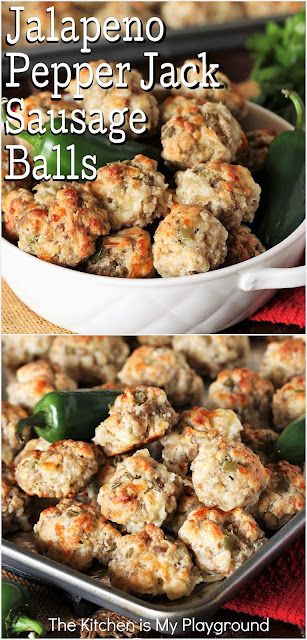 Jalapeno Pepper Jack Sausage Balls ~ Spice up those classic sausage balls with Pepper Jack and pickled jalapeno! Jalapeno Pepper Jack Sausage Balls bring the heat to everyone's favorite little party nibble. They're perfect for game day, snacking, or any party. www.thekitchenismyplayground.com Healthy Snacks For Work Party, Easy Appetizers To Take To A Party, Gluten Free Recipes For Party Appetizers, Pick Ups Food Parties Appetizers, Krampus Christmas, Sausage Balls Recipe, Jalapeno Pepper, Sausage Balls, Appetizers Easy Finger Food