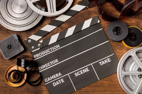 An elevated view of clapperboard; film r... | Premium Photo #Freepik #photo #background #frame #technology #camera Wooden Backdrop, Film Equipment, Film Reels, Premium Photo, Free Photo, Film