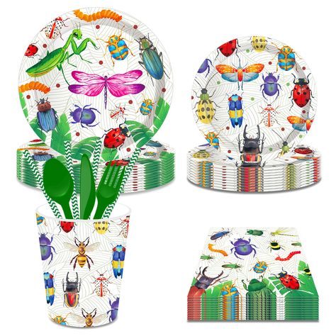 PRICES MAY VARY. 【Insects Party Supplies Serves 16】Adorable matching tableware can serve 16 guests, package includes 16 x 9 inch plates, 16 x 7 inch plates, 20 pcs napkins, 16 pcs cups, 16 knives, forks and spoons, a total of 116, which will add fun to any insect theme party. 【Insects Party】All the dishes like plates, cups, napkins have an insects background with lots of insects pattern and the red cutlery set match with that, lots of insects elements on plates and napkins. This super value Inse Tractor Party Decorations, Bug Birthday Party, Bug Party, Insects Theme, Party Table Cloth, Party Napkins, Party Cups, Party Packages, Party Paper