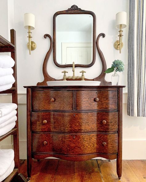 Dressers Turned Into Bathroom Sinks, Bathroom Cabinets Storage Antique, Vintage Dresser Bathroom Vanity Farmhouse, Antique Cabinet Vanity Bathroom, Furniture Half Bath, Large Vintage Bathroom Vanity, Curtain Bathroom Cabinet Vanity, Wooden Bathroom Vanity Vintage, Staining Half Bath Cabinet