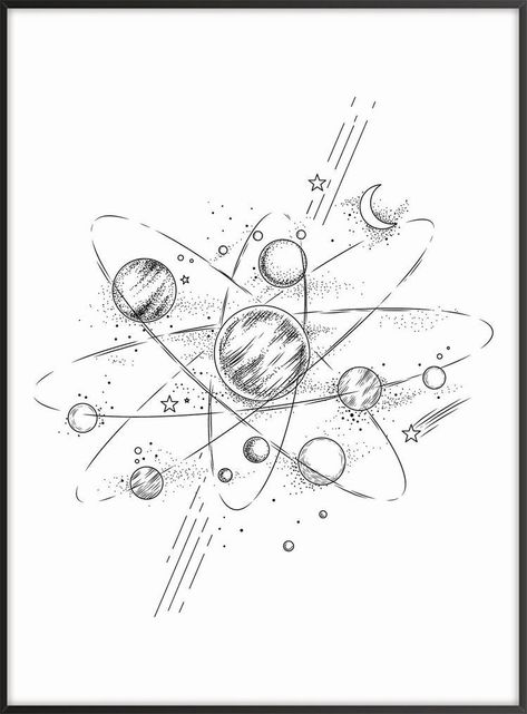 Planet System Tattoo, Planets Tattoo Solar System, Planet Sketches Solar System, Planets Line Art, Solar System Sketch, Planet Line Art, Solar System Tattoo Design, Space Line Art, Space Themed Tattoos