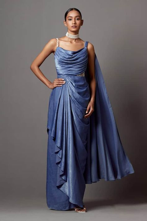 Blue saree gown in a solid draped silhouette, featuring pearl embellished side cut-out detail and pleated shoulder drape. - Aza Fashions Saree Inspired Dress, Dress Draping Ideas, Drape Gowns Designer, Draped Garments, Draping Fashion Design, Draping Gown, Antar Agni, Draped Sarees, Draped Saree Gown