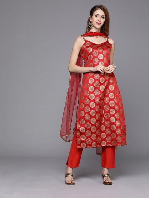 Red & Gold-Toned Silk Blend Woven Design Kurta with Trousers & Dupatta - inddus-us Red Indian Dress, Indian Party Wear Dresses, Sleeveless Kurti, Design Kurta, Silk Kurti, Salwar Dress, Dress Salwar Kameez, Indian Party Wear, Indian Wedding Wear