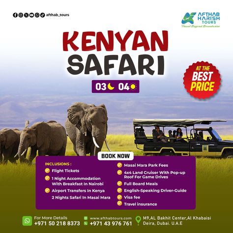 Embark on the Ultimate Adventure with Our All-Inclusive 3 Nights, 4 Days Kenyan Safari Tour! Witness Majestic Wildlife, Stunning Landscapes, and Unforgettable Moments. Book Now for the Experience of a Lifetime! . . . Book Now : +971 50 218 8373 . . . #afthabtours #kenya #travel #gaintrick #wildlife #africa #gainpost #southafrica #nigeria #gainwithxtiandela #gaintrain #gainwithmchina #kenya #safari #african #ghana #gainwithspikes #tanzania #ignairobi #gainwithmtaaraw #nairobi #gainwithbundi Kenyan Safari, Kenya Travel, Kenya Safari, Stunning Landscapes, Masai Mara, 1st Night, Safari Tour, Graphic Design Lessons, Price Book