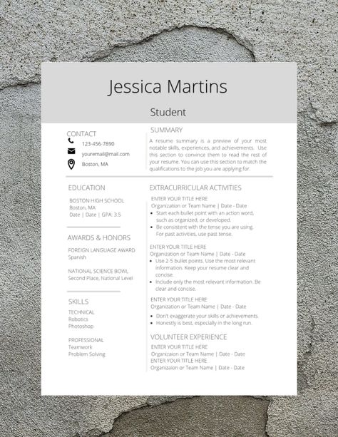 This is a custom resume template for students with no work experience or new graduates seeking their first jobs. It focuses on awards, honors, and extracurricular activities.   Save time and energy with this easy to use template. Your resume will be sure to leave a lasting impression on your potential employers. Now, you don't have to spend hours designing and formatting your resume.  This template was made and is editable in Canva.  Canva is a super easy design program that is free.  You can ch College Resume Example, Resume Template For Students, Resume Examples For High School Students, Resume For First Time Job, Resume For Students With No Experience, Cosmetology Resume, High School Student Resume, First Job Resume, Teen Resume