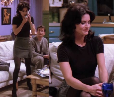 Monica Skirt Outfits, Monica Geller Iconic Outfits, Friends Show Outfits Monica, Friends Aesthetic Outfits Tv Show, Monica Geller Skirt Outfits, 90s Monica Geller Outfits, 90s Outfit Monica Geller, Monica's Outfits Friends, Monica Geller 90s Outfits