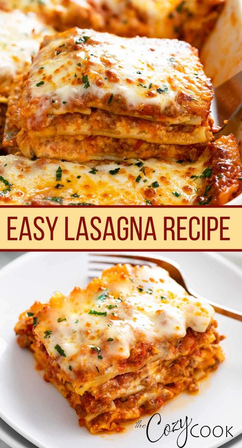 This Lasagna Recipe is easy to make with a creamy ricotta cheese mixture, savory meat sauce, and mozzarella cheese. BONUS: it's make-ahead and freezer-friendly! Homemade Lasagna Recipes, Lasagna Recipe With Ricotta, Classic Lasagna Recipe, Freezer Food, Easy Lasagna Recipe, Lasagne Recipes, Classic Lasagna, Homemade Lasagna, Pasta Dinners