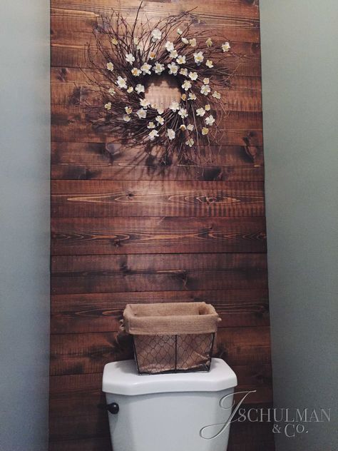 DIY Pallet or Wood Panel Bathroom Accent Wall Wood Panel Bathroom, Behind Toilet, Pallet Bathroom, Wood Wall Bathroom, Walls Ideas, Bathroom Accent Wall, Bathroom Accents, Bathroom Walls, Wood Accent Wall