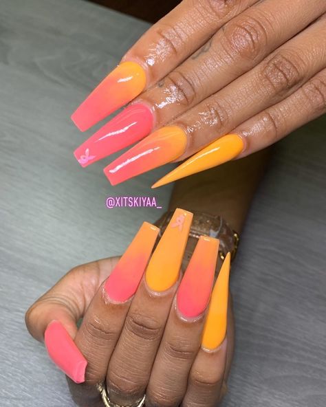 NAILEDBYKY🧚‍♀️ on Instagram: “sunset🌅 • •  #memphisnailtech #instanails #nailsofinstagram #nailcandy #atl  #atlantanailtech #naildesigns #designernails #longnails…” Ballerina Acrylic Nail Designs, Yellow Ombre Nails, Ballerina Acrylic Nails, Pink Ombre Nails, Colorful Nail Art, Yellow Ombre, Fancy Nails Designs, Creative Nail Designs, Pretty Nail Art Designs