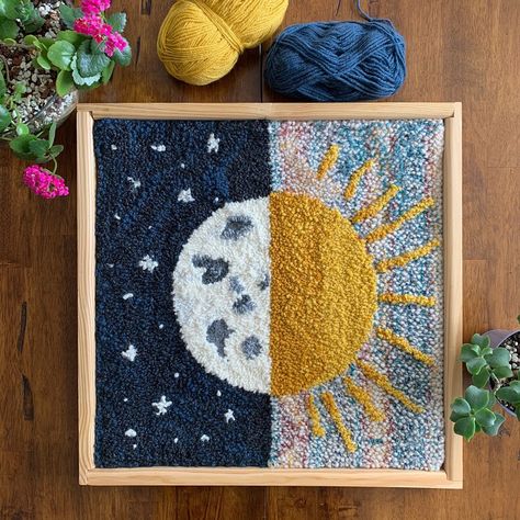 Now Available in the Etsy Shop! 20”x20” with frame.  Sun and Moon Punch Needle Wall Art. Moon and Sun. Free Shipping. Punch needle design. Sun Punch Needle, Moon Punch Needle, Art Sun And Moon, Punch Needle Wall Hanging, Wall Hanging Embroidery, Hanging Embroidery, Punch Needle Art, Needle Punching, Tufting Diy