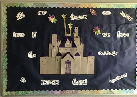 Cut simple castles shapes and layered them on top of each other for a bulletin board using a Disney quote about courage. Castle Bulletin Board Ideas, Castle Bulletin Board, 3d Bulletin Boards, Disney Bulletin Boards, Disney Quote, Disney Classroom, Courage Quotes, School Themes, School Decorations