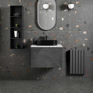 Black Tiles - Tile Mountain Black Terrazzo Bathroom, Terrazo Tiles Bathroom, Terrazzo Tiles Bathroom, Cleaner Uniform, Quirky Bathroom Ideas, Funky Bathroom, Terrazzo Bathroom, Quirky Bathroom, Black Terrazzo