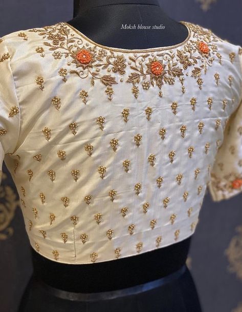 High Neck Blouse Work Designs, Cream Blouse Work Design, White Work Blouse, Aari Blouses, Blouse Tops Designs, Cotton Blouse Design, Blouse Designs Catalogue, Kids Blouse Designs, Cutwork Blouse Designs