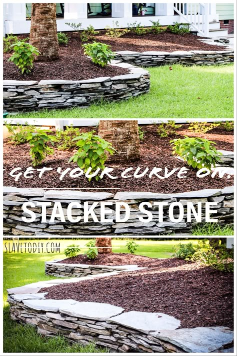 Stacked Flagstone Landscaping, Stacked Stone Edging Flower Beds, Fieldstone Garden Wall, Stacked River Rock Wall, Stacked Rock Flower Bed, Dry Stack Stone Wall Curved, Stacked Stone Landscaping Front Yards, Stacked Flagstone Wall, Landscaping Stones Ideas