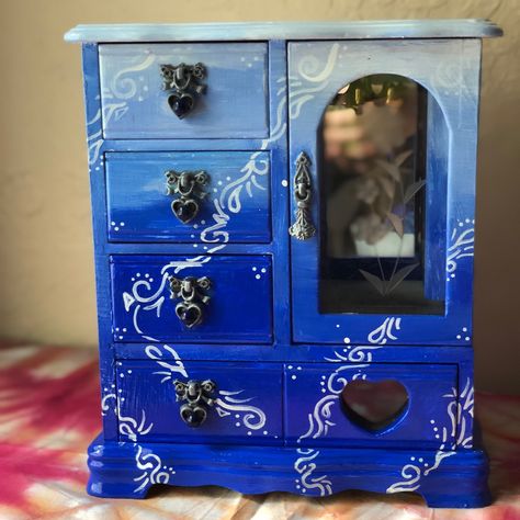 Upcycled Vintage Jewelry Box Handpainted By Me. I’ve Also Added Some Lapis Bead Accents To The Handles On The Drawers. Painted Boxes Wooden, Upcycled Vintage Jewelry, Painted Box, Enchanted Home, Vintage Jewelry Box, Funky Painted Furniture, Box Ideas, Box Color, Upcycled Vintage