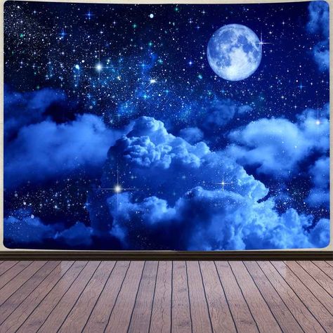 PRICES MAY VARY. ☎ Product size: Multiple size options, custom sizes are available. Regular size 93 * 71 inches/84*90 inches/80*60 inches/60*60 inches/60*40 inches ☎ Product function: very suitable for wall hanging, dormitory decoration, photography background, beach throwing, porch decoration, tablecloth, bed cover or sofa cover. The perfect gift for any occasion! ☎ High-quality technology: high-definition printing technology has vivid colors and clear images. Dyes that will not fade and will n Moon Themed Bedroom, Night Sky Bedroom, Celestial Room Decor, Blue Sky Night, Celestial Room, Cloud Bedroom, Galaxy Bedroom, Night Bedroom, Ocean Room Decor