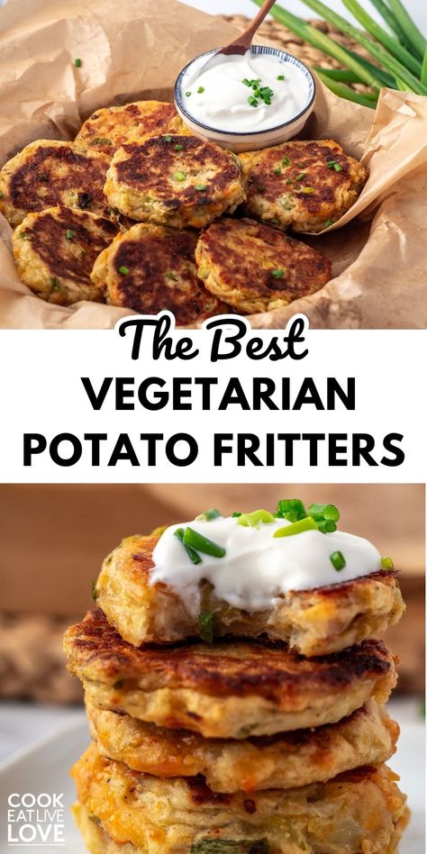 Experience crispy perfection with my Vegetarian Potato Fritters! These golden delights are a flavorful twist on classic comfort food. With a crunchy exterior and a soft, fluffy, seasoned inside these potato fritters make the perfect lunch, snack or a delightful side dish. These healthy potato fritters are a great way to use your left over mashed potato from Thanksgiving. #potatofritters #vegetarianrecipes Potato Fritters Recipe, Vegetarian Fritters, Healthy Potato, Middle East Recipes, Healthy Potatoes, Vegan Snack Recipes, Potato Fritters, Plant Based Snacks, Perfect Lunch