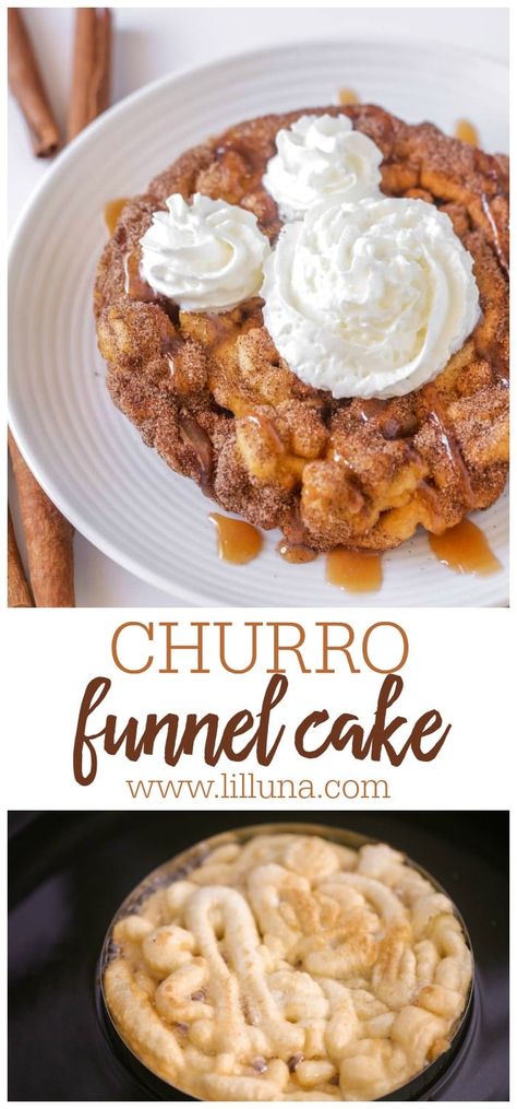 Churro Funnel Cake from Disneyland made from deep fried funnel cake, coated in cinnamon sugar, drizzled with caramel sauce, and topped with whipped cream. #churro #funnelcake #cinnamon #disneyrecipe #copycatrecipe Churro Funnel Cake, Funnel Cake Bar Ideas, Funnel Cake Dipping Sauce, Mini Pancake Dessert Ideas, Funnel Cake Business, Red Velvet Funnel Cake Recipe, Funnel Cake Flavors, Loaded Funnel Cake, Funnel Cake Toppings Ideas