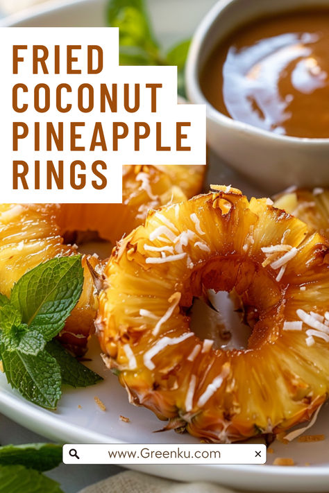 Fried Coconut Pineapple Rings with Creamy Dipping Sauce , These Fried Coconut Pineapple Rings are a delicious and tropical treat that’s perfect for a dessert or a sweet snack. The crispy coconut coating complements the juicy pineapple, and the creamy dipping sauce adds a perfect finishing touch. This recipe can be easily adapted to be gluten-free or vegan. Fried Pineapple Rings With Coconut, Fried Coconut Pineapple Rings, Fried Pineapple Rings With Creamy Coconut Dipping Sauce, Fried Pineapple With Coconut Crust, Pineapple Treats, Pineapple Recipes Healthy, Healthier Deserts, Pineapple Appetizers, Fried Pineapple