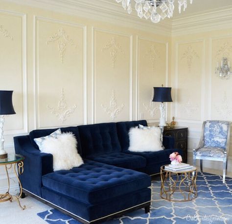 Navy Tufted Sofa with Nail Heads Blue Tufted Sofa, Blue Velvet Sofa Living Room, Blue Sofa Living, Blue Sofas Living Room, Velvet Sofa Living Room, Blue Living Room Decor, Blue Velvet Sofa, Tufted Sofa, Blue Sofa