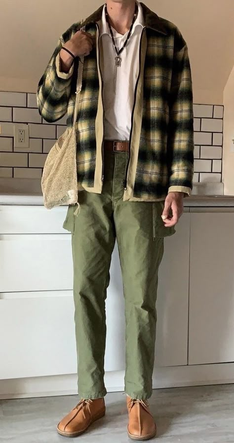 Comfy Core Outfits Men, Art Student Aesthetic Outfit Men, Hobbit Outfit Aesthetic Male, Earth Tone Flannel, Casual Male Outfits Aesthetic, Farmcore Outfit Male, Folklore Aesthetic Outfits Men, Cottage Core Aesthetic Outfit Men, Cottagecore Mens Outfits