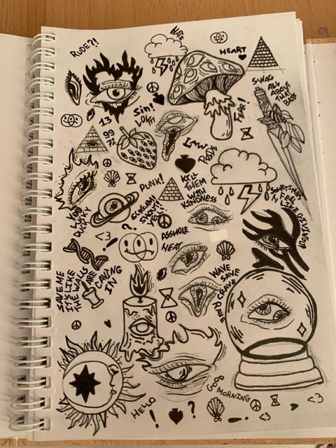 Indie Doodles Sketch, Eye Sketchbook Page, Doodle Art Grunge, Full Page Sketches, Drawing Ideas Grunge Sketch, Goth Sketches, Grunge Sketchbook Doodles, Indie Drawing Ideas, Note Book Doodles