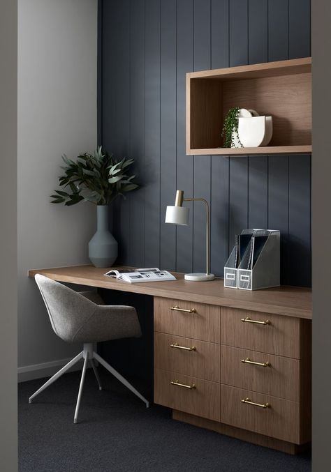 Dark Grey Office Ideas, Dark Playroom, Vj Panelling, Japandi Home Office, Grey Feature Wall, Home Office Dark, Timber Desk, Office Wall Colors, Office Organization Home