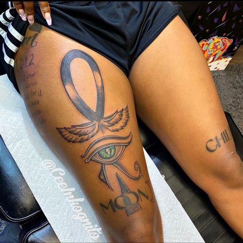 #tattooideas #tattooart #tattoodesign #inkart Anhk Tattoos For Black Women, Spiritual Thigh Tattoos For Women, Spiritual Tattoos For Women Goddesses, Ankh Tattoo Women, Eygptain Tattoos, Thigh Tats, Egyptian Eye Tattoos, Word Tattoo Ideas, Arm Sleeve Tattoos For Women