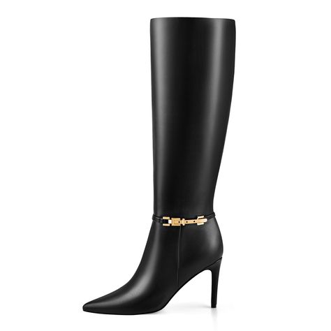 PRICES MAY VARY. Knee High Black Boots: The stiletto heel knee boots feature chic ankle gold chain detail,adding a subtle yet chic touch of sophistication, enhancing the overall design. Sexy Stiletto Knee High Boots: These pointy toe tall boots feature 3 inch/7.5 cm stiletto heel, perfect for a refined, modern look.Good choice for fall boots,winter boots,spring shoes. Comfortable Wide Calf Knee Boots: Equipped with a side zipper for effortless on/off, these wide calf knee high boots provide a se Wide Calf Knee High Boots, Dress Boots Women, Knee High Boots Dress, High Heel Stiefel, Black Stiletto Heels, Stiletto Heels Boots, Spring Boots, Black Knee High Boots, Chunky Heels Boots