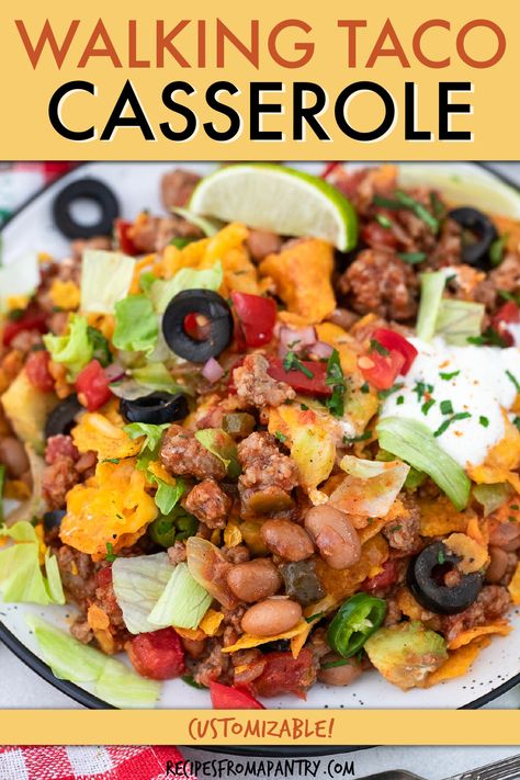 Looking for a fun and delicious twist on classic Tex-Mex for your next gathering? Try this easy Walking Taco Casserole loaded with seasoned beef, melted cheese, and the satisfying crunch of Fritos, perfect for both busy nights and family get-togethers! With its simple preparation and customizable toppings, this Casserole is a guaranteed hit with both kids and adults alike. Whip up this crowd-pleaser today. Click to learn how to make Walking Taco Casserole!!#CasseroleIdeas#walkingtacocasserole Walking Taco Casserole, Walking Taco, Pork Casserole, Yummy Casserole Recipes, Walking Tacos, Main Dish Casseroles, Crockpot Casserole, Taco Ingredients, Taco Casserole