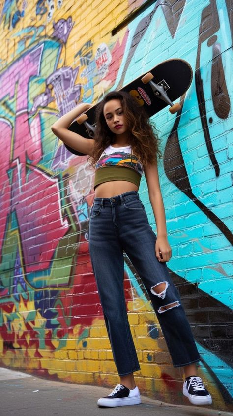 Young woman in urban skateboarding attire posing with skateboard in front of colorful mural, showcasing modern street style and urban art. Urban Poses Street Styles, Posing With Skateboard, Skateboarding Poses, Skateboarding Photoshoot, Skateboard Poses, Woman Skateboarding, Mural Backdrop, Skateboarding Fashion, Mural Background