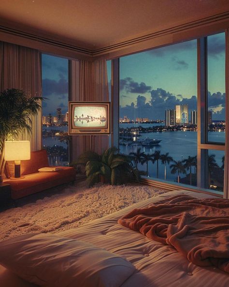 Miami Vice House, Miami 80s Interior, 80s Miami Aesthetic Home, Modern 80s Decor, Miami 80s Aesthetic, 80s Miami Aesthetic, 90s Apartment, 80s Futurism, 80s House Interior