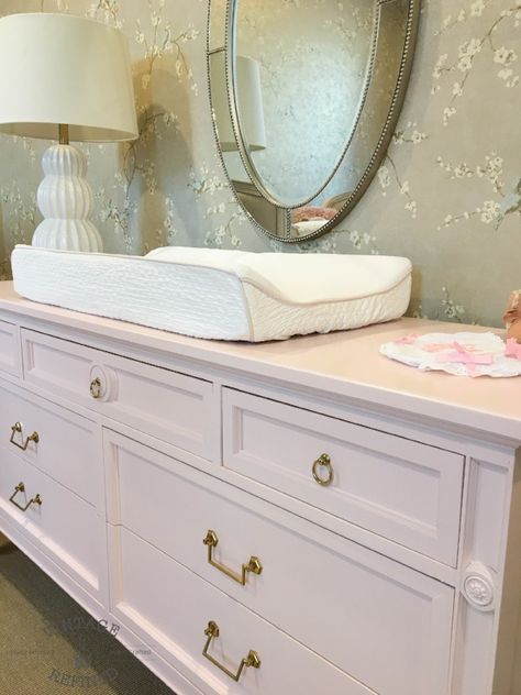 Painted Dresser Nursery, Nursery Dresser Diy, Pink Painted Dresser, Painted Nursery Furniture, Pink Painted Furniture, Girl Dresser, Pink Dresser, Nursery Reveal, Diy Kids Furniture