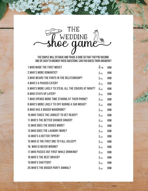 The Wedding Shoe Game Bridal Shower Game Printable PDF Bride | Etsy Wedding Game For Bride And Groom, Engagement Games Party, Bridal Shower Drinking Games, Wedding Games For Bride And Groom, Bride And Groom Shoe Game, Bride Groom Games, Bridal Shower To Do List, Couples Wedding Shower Decorations, Bride And Groom Games